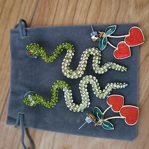 Retro Glam Betsey Johnson Earrings Snakes & Cherries